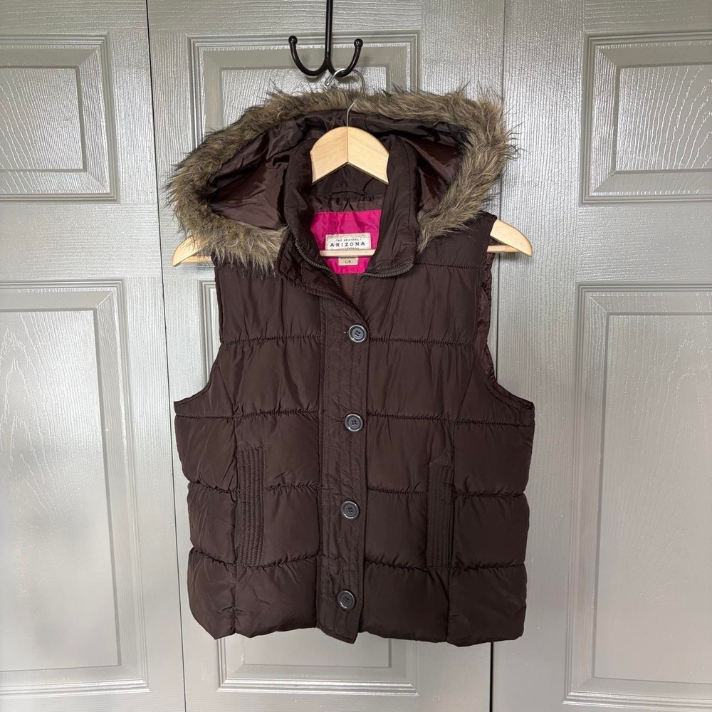 Arizona Jean Co Brown Puffer Vest Faux Fur Hooded Gilet Y2K Large
